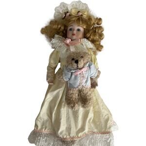Vintage Porcelain Doll Cream Victorian Dress Teddy Bear Lace